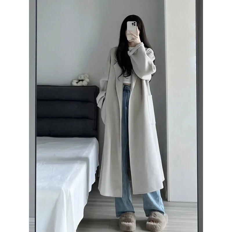 Women's Grey And Black Overcoat Women's Spring Autumn Tailored Collar Fashion Coat New Korean Mid Length Buckle Free Woolen Coat