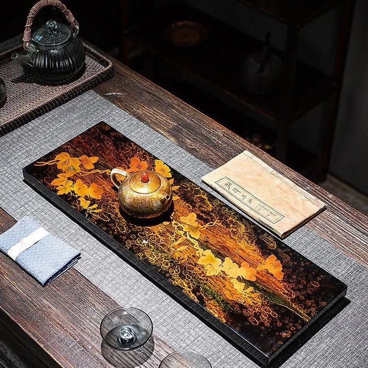 lacquer tea set, large lacquer hand-painted ginkgo dried brewing table, ebony high-end tea table tea tray gift box
