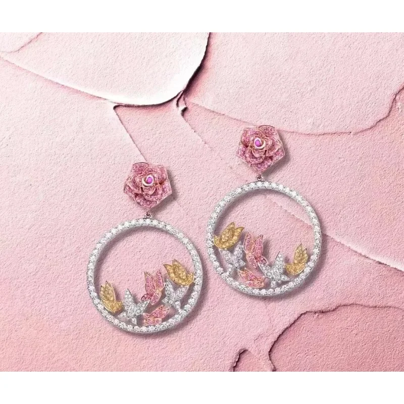 RUIF New Pink Color Rose Flower 925 Silver Round Butterfly Zirconia Earring for Women Daily Wedding Jewelry Gifts Hoop Earrings