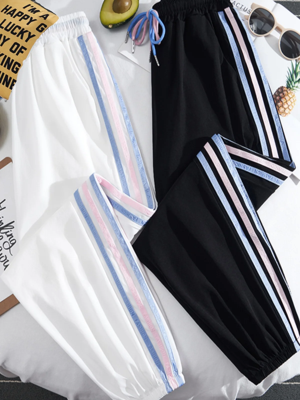 plus Size Women's Summer Ice Silk Casual Nine-Piece Sports Pants Loose Cuffed Slimming Thin Quick Dry Pants High Waist Lanter...