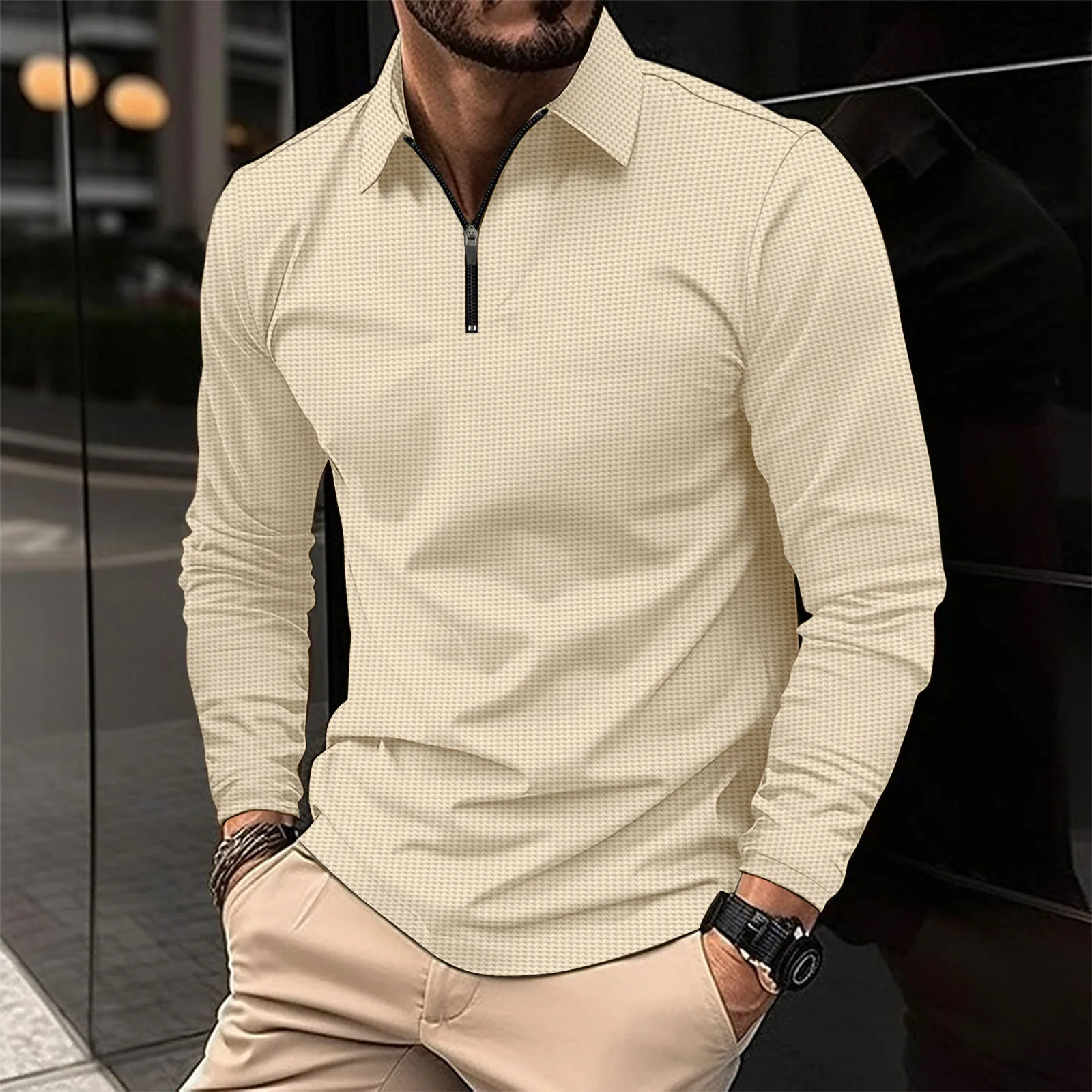 

New LongSleeve Solid Color Polo Shirt Lapel Long Sleeve Waffle Zipper Fashion 2023 Autumn Thin T-shirt Casual Loose Handsome Top