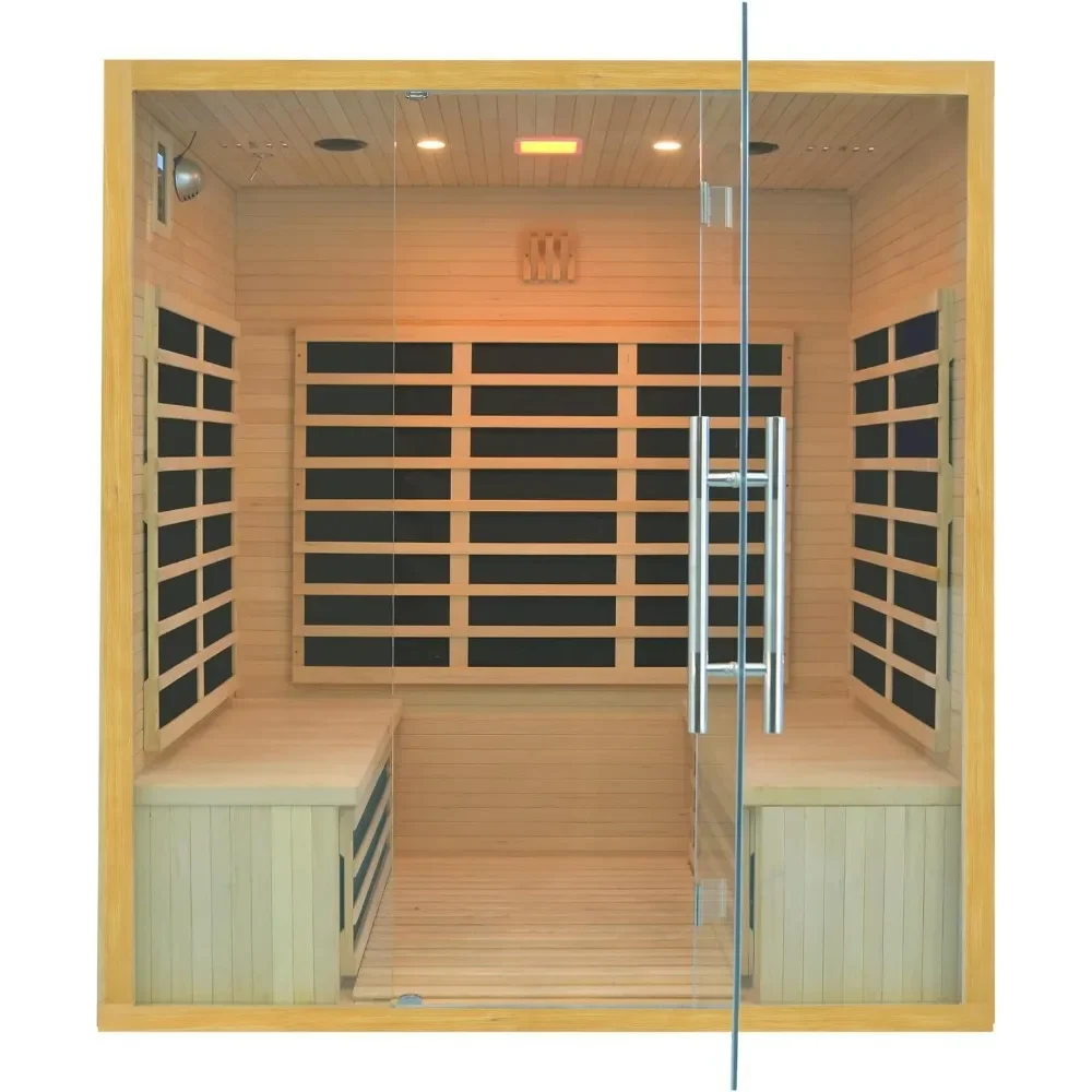 

Far Infrared Sauna,11 Low EMF Far Infrared Carbon Panels with Tempered Glass Door 3-4 Person Hemlock Indoor Home Sauna Room