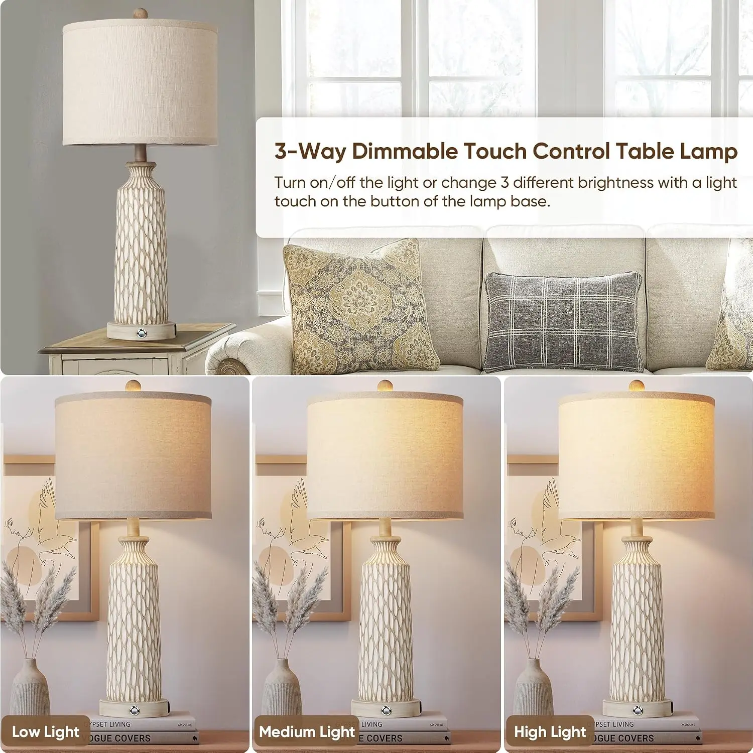 26" Farmhouse Bedside Lamps Set of 2, Touch Control 3-Way Dimmable, USB A+C Charging Ports, Modern Off-White Resin Table Lamps for Living Room, Included 2700K LED Bulbs view 2
