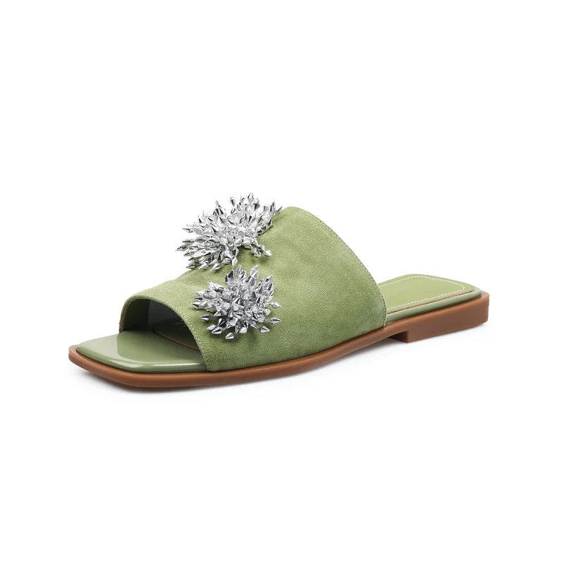 

Women's Summer Shoes Natural Sude Sandals Genuine Leather Green Black Sandals Fashion Women's Shoes Outer Wear Slippers