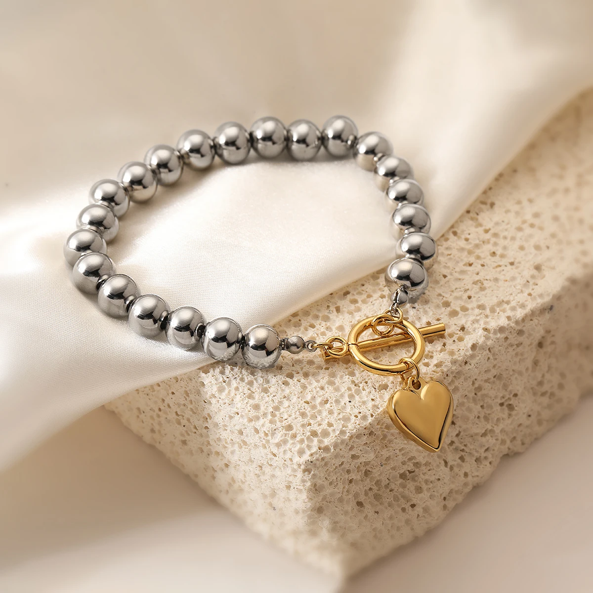NEWBUY New Arrival Gold Color Heart Silver Beads Charm Bracelet For Women High Quality Stainless Steel Jewelry