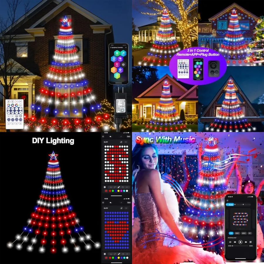 Luces Decorativas Inteligentes para el 4 de Julio, Luces LED de 18 Pies, Grandes, DIY, Rojas, Blancas y Azules, Tipo Cascada, para Árbol, con Control Remoto, Temporizador, Música