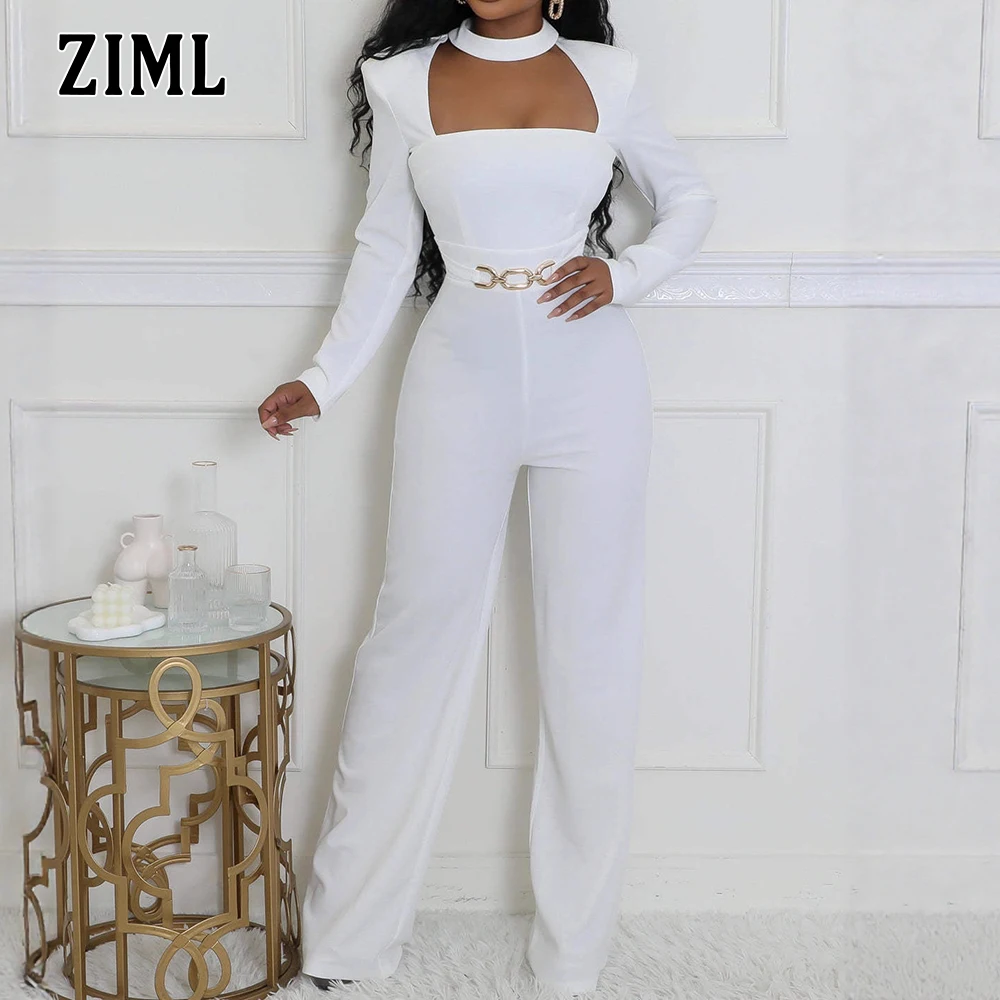 

ZIML Solid Spliced Metal Limming Jumpsuit for Women Round Neck Long Sleeve High Waist Temperament Jumpsuits Female Fashion New