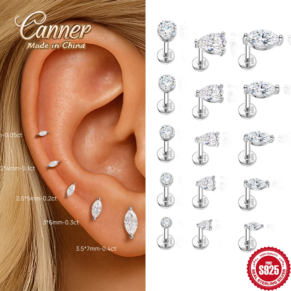 CANNER 925 Sterling Silver 2/3/4/5/6 /7mm Moissanite Classic Flat Head Stud Earring Piercings Mini Luxury Jewelry Gift For Women