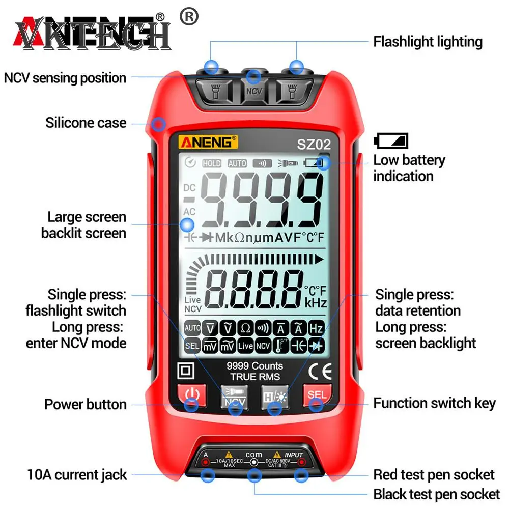 SZ02 Diode Tester Professional Digital Multimeter True RMS 9999 Counts Smart AC/DC Current Voltage Auto Range Multimetres