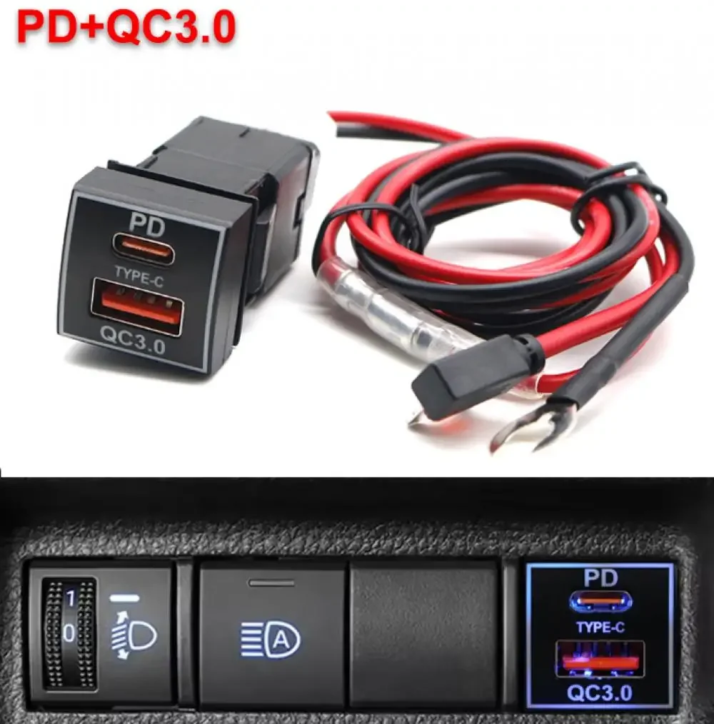 Kebidumei 12V/24V Auto-Ladegerät PD QC3.0 Ladebuchse Stromadapter USB-Anschluss mit Kabel LED-Licht für Toyota Auto-Zubehör – Detail 1