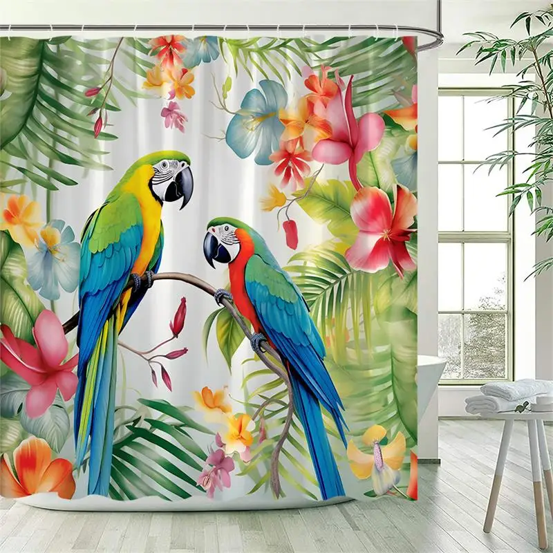 Tropical Birds Shower Curtain for Bathroom Parrot Toucan Green Leaves Plants Summer Polyester Fabric Bath Curtains Decor Hooks