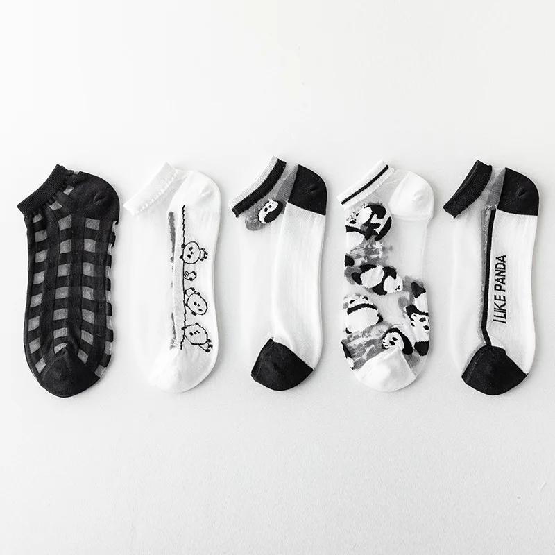 カワイイアンクルソックス,女性用,パンダ柄,シルク,上質,透明,黒,白,カジュアル,通気性,原宿,5足セット,夏