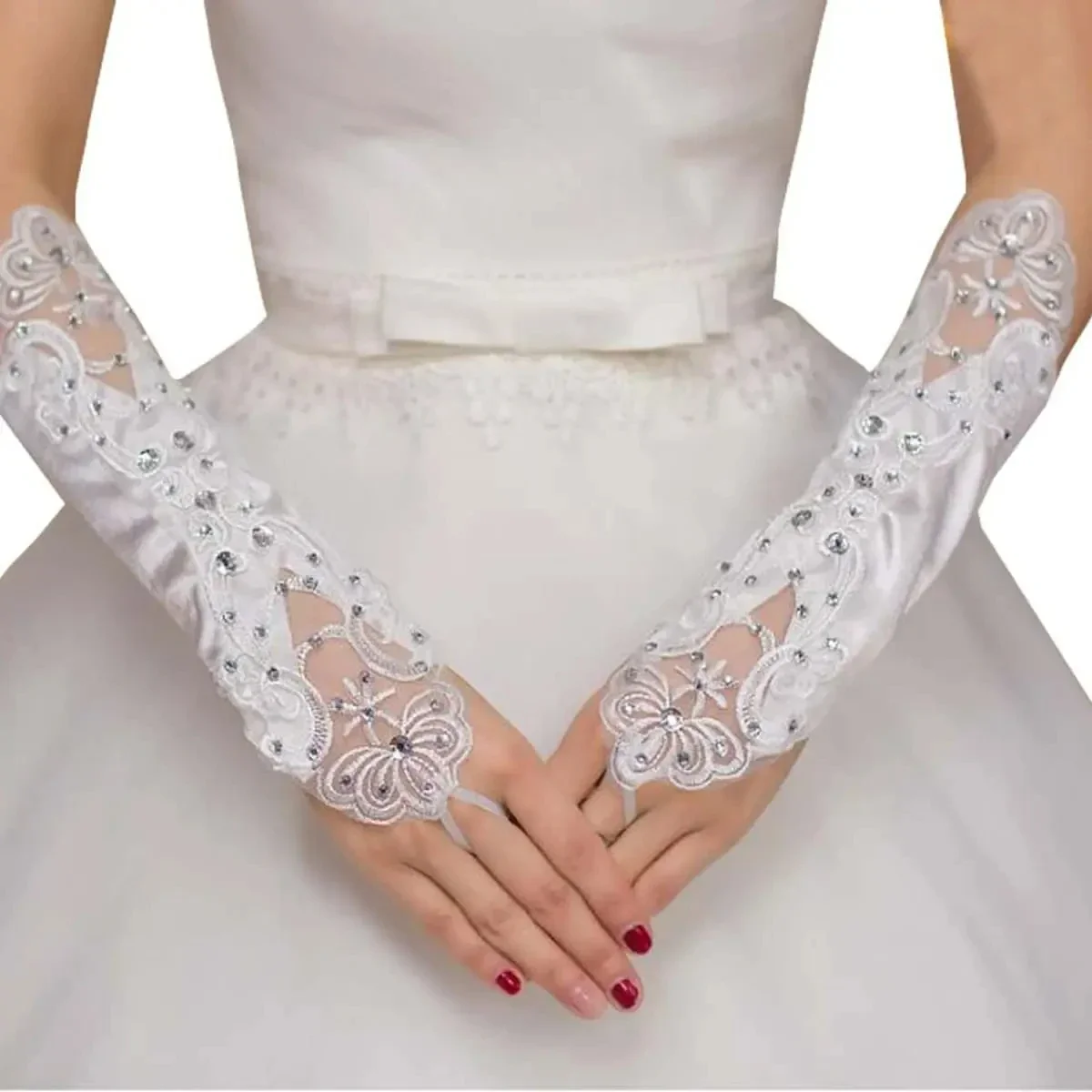 Guantes sin dedos hasta el codo con cuentas de satén para mujer, accesorios para disfraz de fiesta de boda