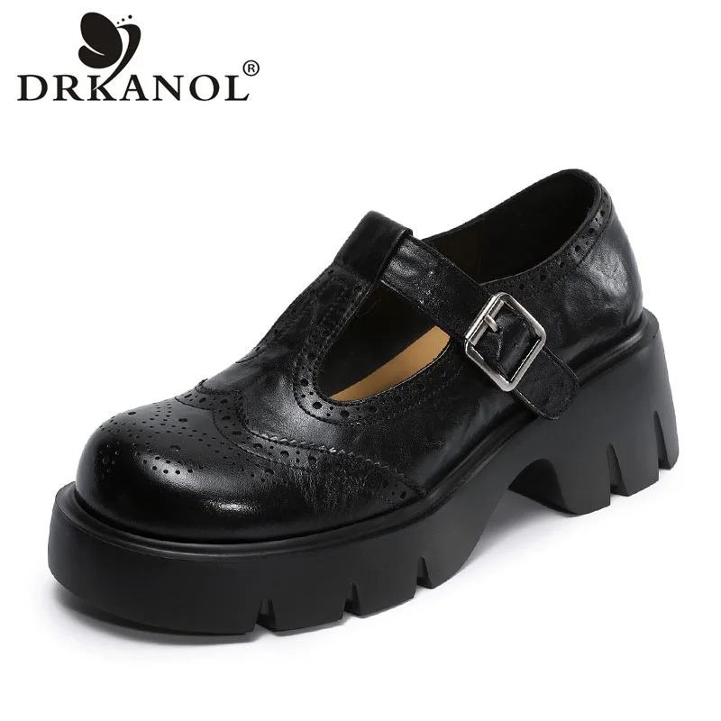 DRKANOL Classic Black Genuine Cow Leather Block Carved Mary Janes Women Thick Sole Platform Thick High Heel Casual Single Shoes