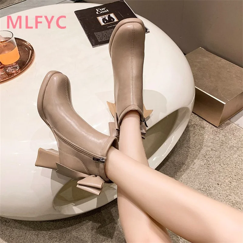 High Heel Fashion Femal Boots New Autumn and Winter Boots Thick Heel Retro Short Boots Ladies Bow Tie Side Zipper Women\'s Boots