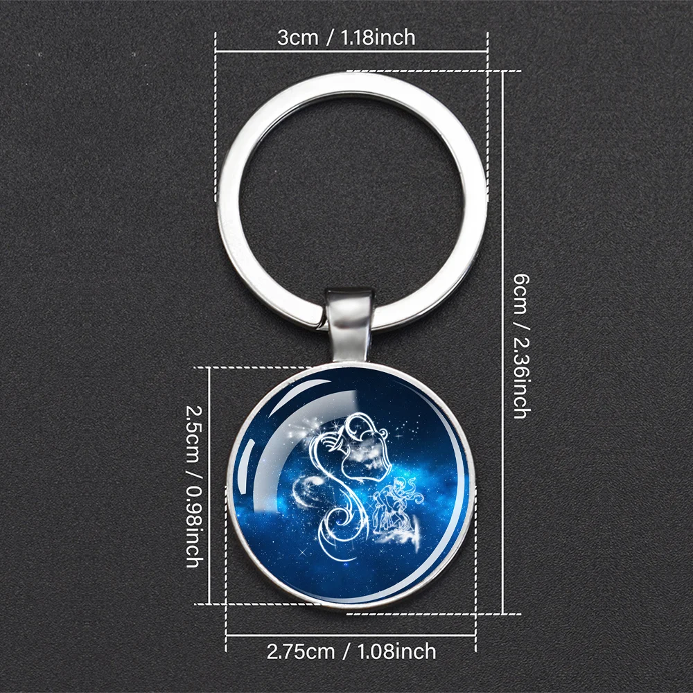 Luminous 12 Constellation Zodiac Sign Keychains Glass Dome Double Side Pendant Key Chains Glow In The Dark Keyring Birthday Gift