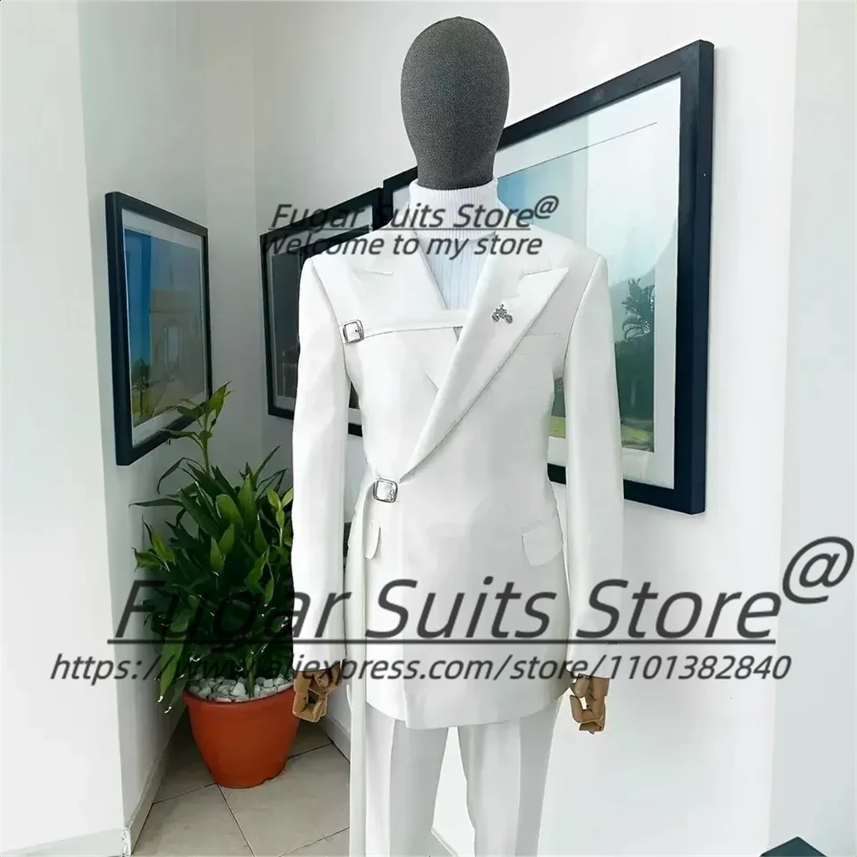 American style Fashion White Men Suits Slim Fit Peak Lapel Groom Wedding Tuxedos 2 Pieces Sets Casual Male Blazer Costume Homme