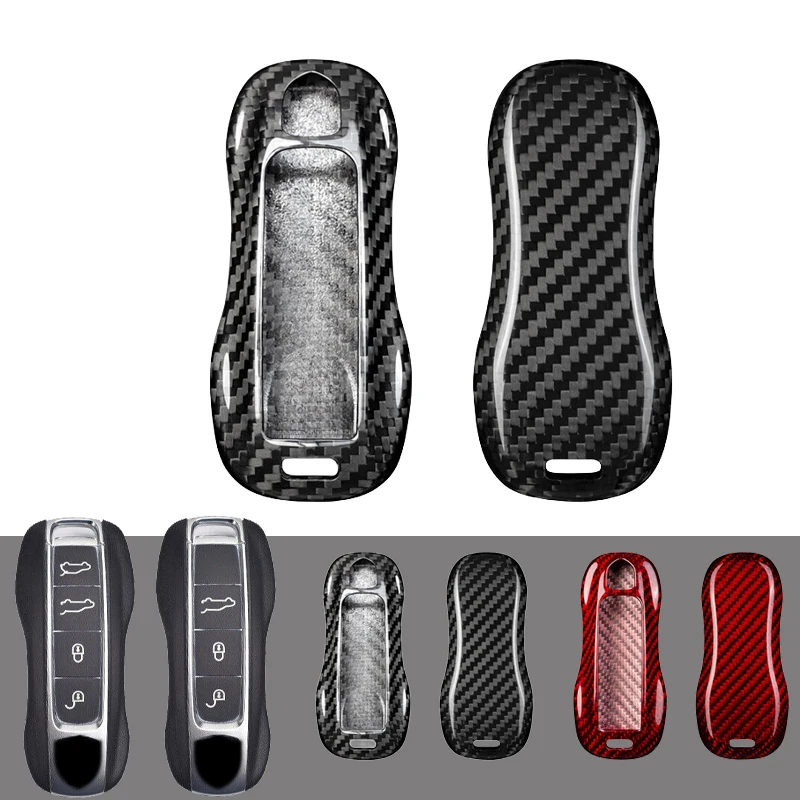 Carbon Fiber Car Remote Smart Key Case Cover Holder Bag With Keychain For Porsche Cayenne Macan Taycan Panamera 911