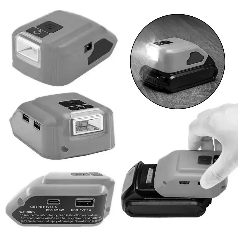 

Portable For Dewalt 18V/20V Battery Adapter Converter with USB Type-C Output Port,Power Source Adapter with 140lm LED Work Light