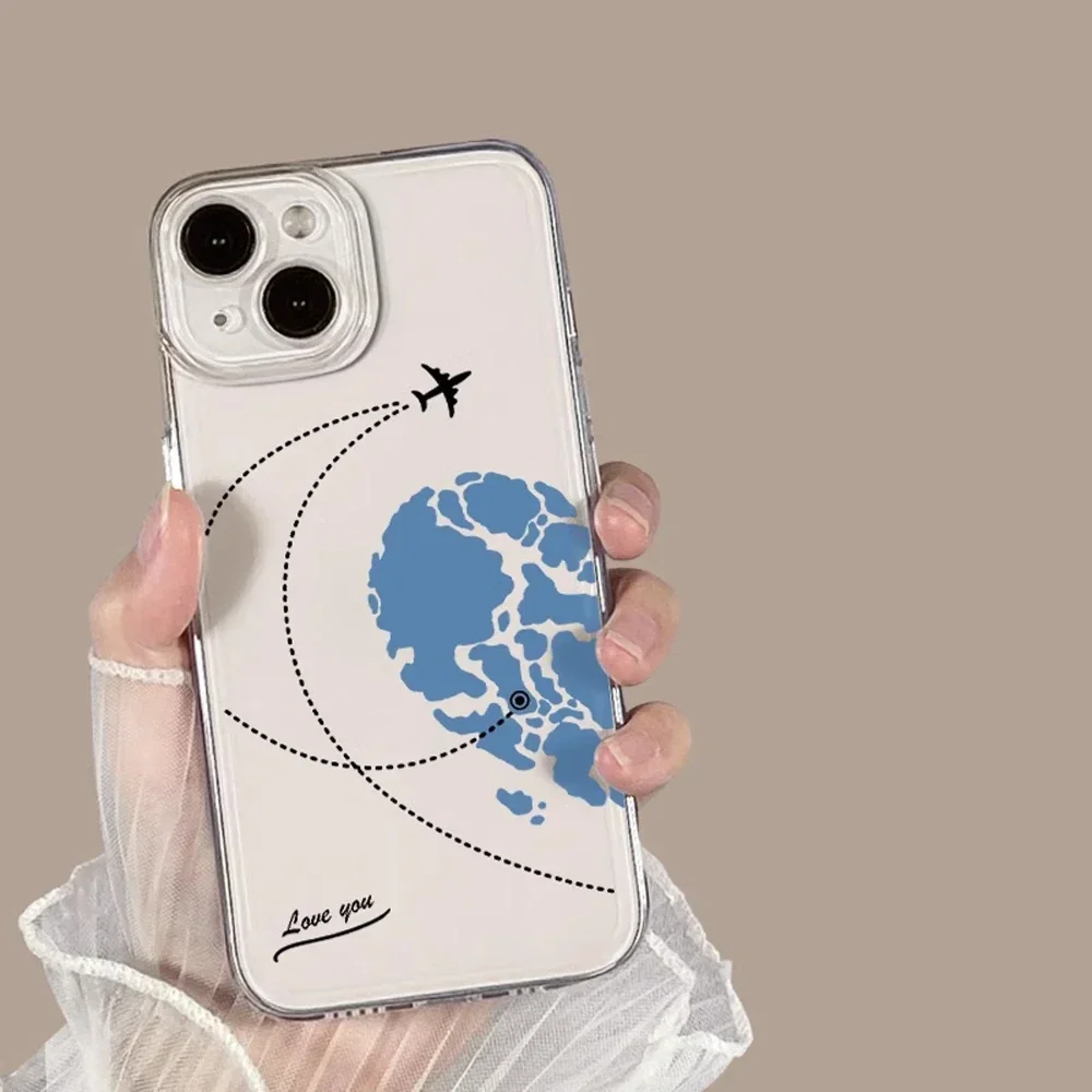 Planes World Map Travel Couple Phone Case for IPhone 15 14 13 12 11 Pro XS Max Mini 14Plus X XR Cover Aircraft Love Heart Fundas