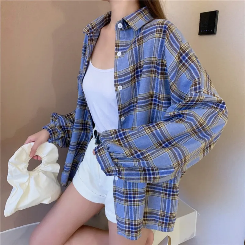 Plaid Shirt Women Summer Sun-proof Long Sleeve Basic Top Female Vintage Blouse Ladies Loose Daily Outwear Check Shirt