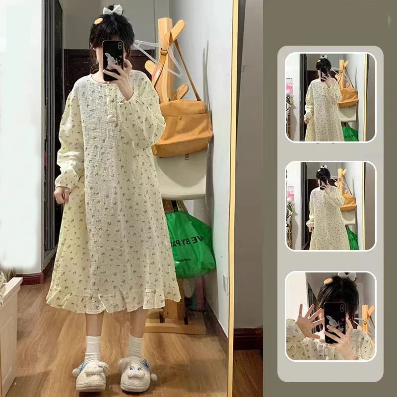 Floral Women Nightgown Button Sleepwear O-neck Nightwear Korean Fashion Night Dress Long Sleeve Autumn Ruffles One Piece Pajamas