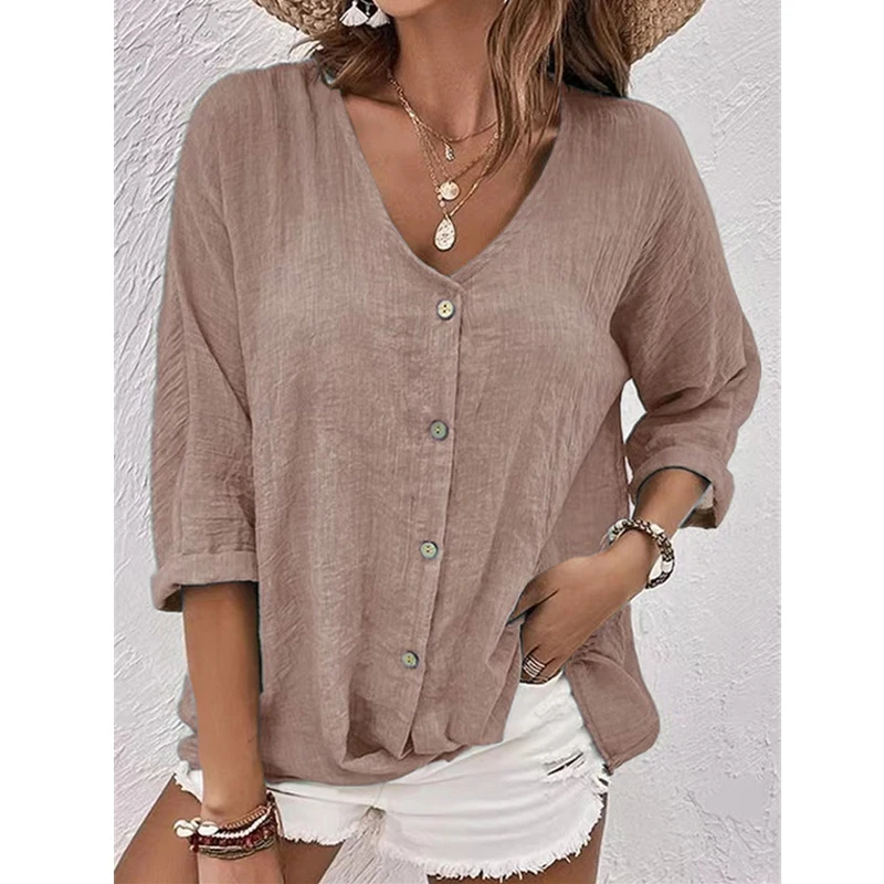 Women Vintage Simple Casual Streetwear Button Shirts Spring Autumn V Neck Long Sleeve Blouses Solid Loose Tops Y2K Ropa De Mujer