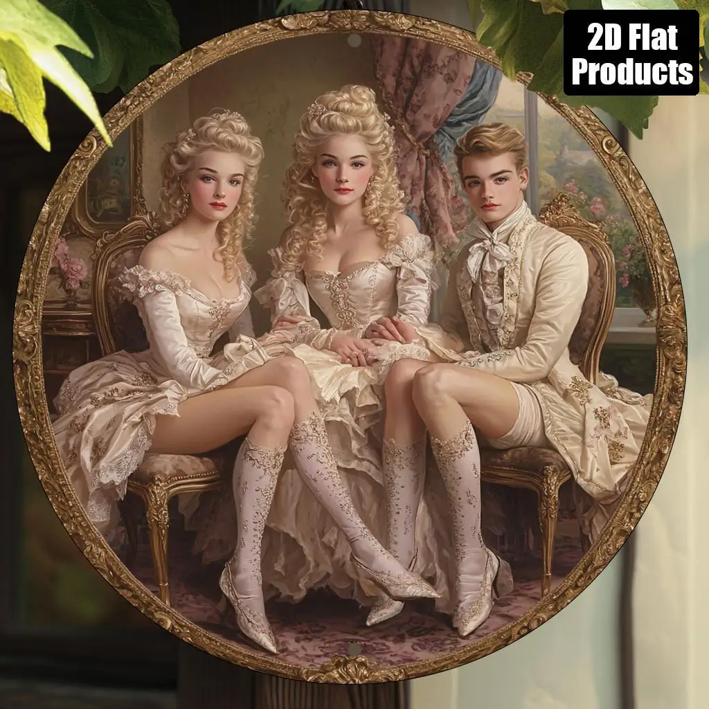 2D flach, 1 Stück Vintage Marie Antoinette & Damen Realismus Kunst Aluminium Wandschild – 20,3 x 20,3 cm rund klassische Heimdekoration für Wohnzimmer R