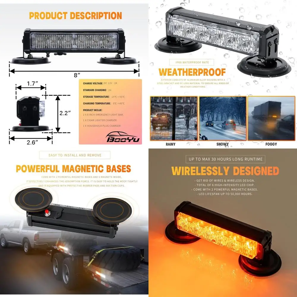 

Wireless LED Strobe Light Bar, Rechargeable Safety Beacon for Cars and Trucks, Portable Emergency Warning Lights (2-Pack, 2x8 in