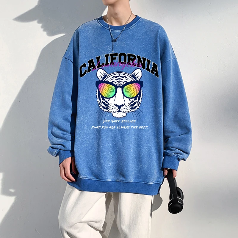 

California And Tiger Pattern Printed Male Distressed Washed Sweatshirts Loose Round Neck Hoody Autumn Warm Cotton Clothing Men