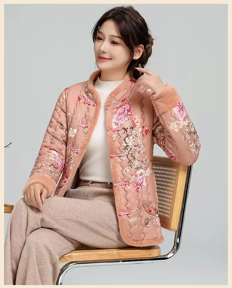 Vintage Floral Tang Suit Jacket for Women, Cotton-Padded Coat, Warm Clothes for Mother, Cheongsam, Autumn and Winter, New, 2024