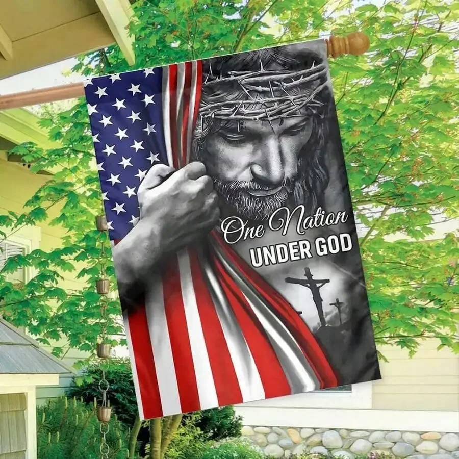 

2D Flat 1pc Country Under God Christian Jesus Garden Flag 12x18 Inch Double Sided Patriotic Outdoor Yard Patio Decor No Flagpole