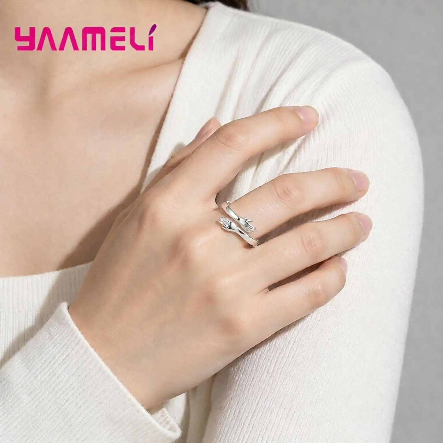 Romantic 925 Sterling Silver Love Hug Open Adjustable Couple Rings for Men Women Wedding Engagement Party Fashion Jewelry Gifts