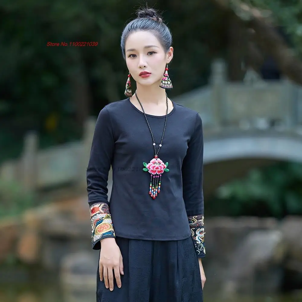 2024 chinese women traditional t-shirt national flower embroidery o-neck shirt retro vintage base shirt improved hanfu tops