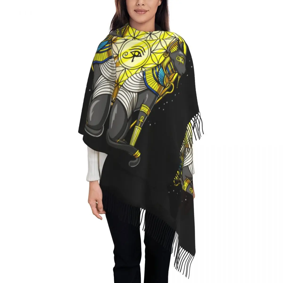 

Egyptian Cat Goddess Scarf Wrap Women Long Winter Fall Warm Tassel Shawl Unisex Hieroglyphic Egypt Scarves