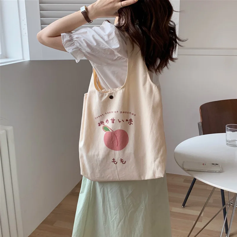 Women\'s Handbags Cute Tote Bag Aesthetic for School Girls Purses Shopper Designer Japanese Women Peach Print Eco Shoulder Bags