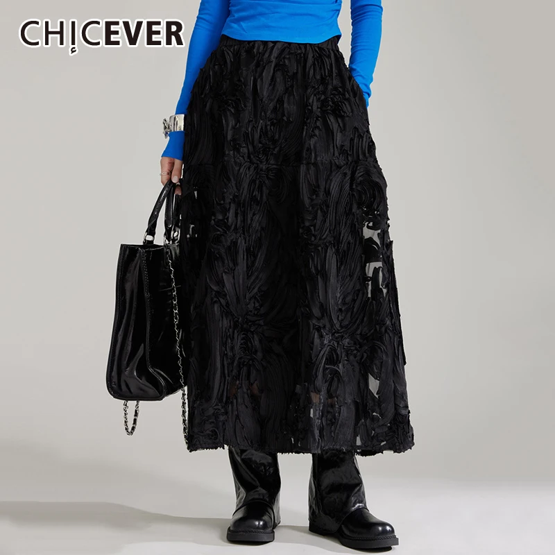 CHICEVER Elegant Solid Hollow Women Skirt High Waist 3D Flower Design Vintage A Line Pleated Maxi Skirts Female Autumn New Style