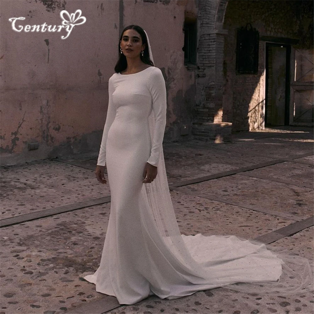

Elegant Wedding Dress Mermaid Backless Long Sleeve Pearls Button Crepe Casual Bride Dresses Civil Bridal Gowns Customized