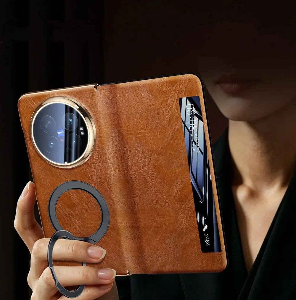 Genuine Cowhide Leather Window View Flip Case For VIVO X Fold6 Oil Wax Bracket Cover