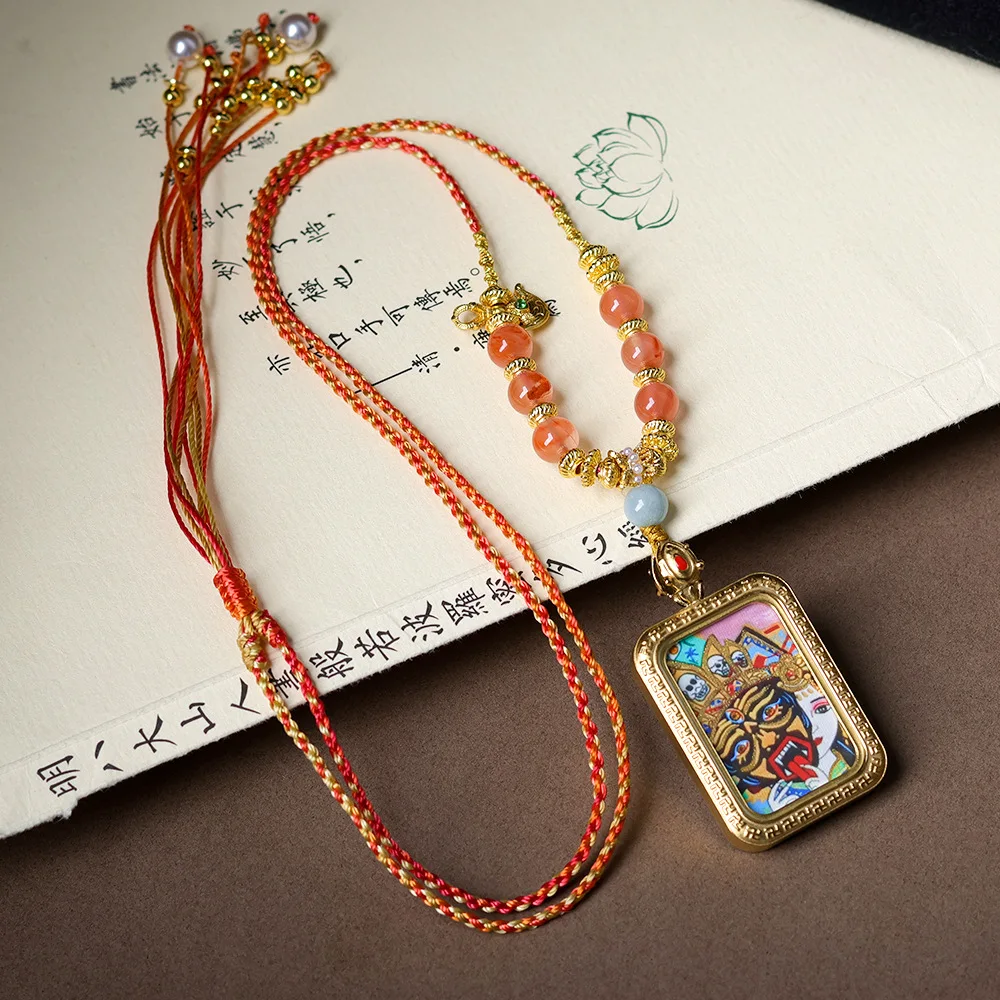 New titanium steel hand-painted gold zakiram thangka colour-preserving plating pendant southern red agate necklace jumper chain