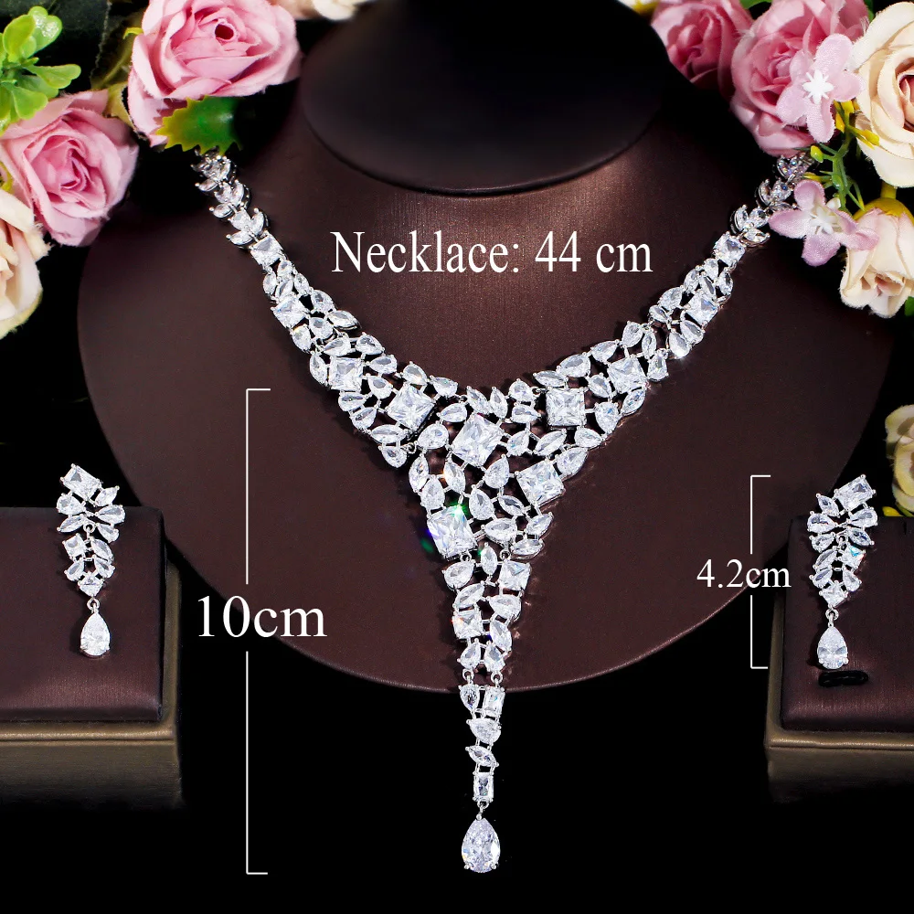 CWWZircons Luxury Statement Cubic Zirconia Dangling Drop Large Chunky Wedding Necklace Earring Bridal Jewelry Set for Women T678