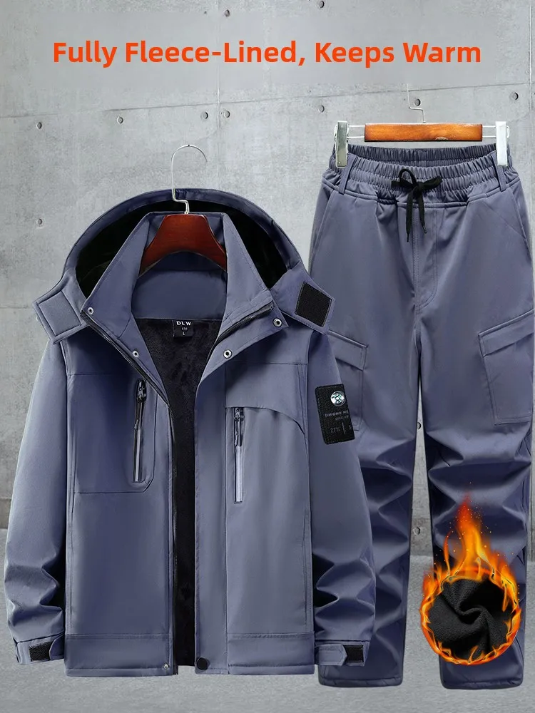 

Thiened Fce Winter Workwear Set Men's Casual Outdoor Wear Resistant Work Clothes Warm Long Sve Zipper Hooded Pants