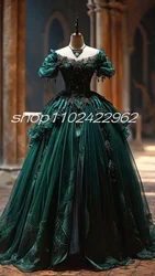 Emerald Hunter Green Victorian Evening Dresses Fairytale Sleeve Applique Pleated Lace-up Corset Fantastic Prom Gown Costume