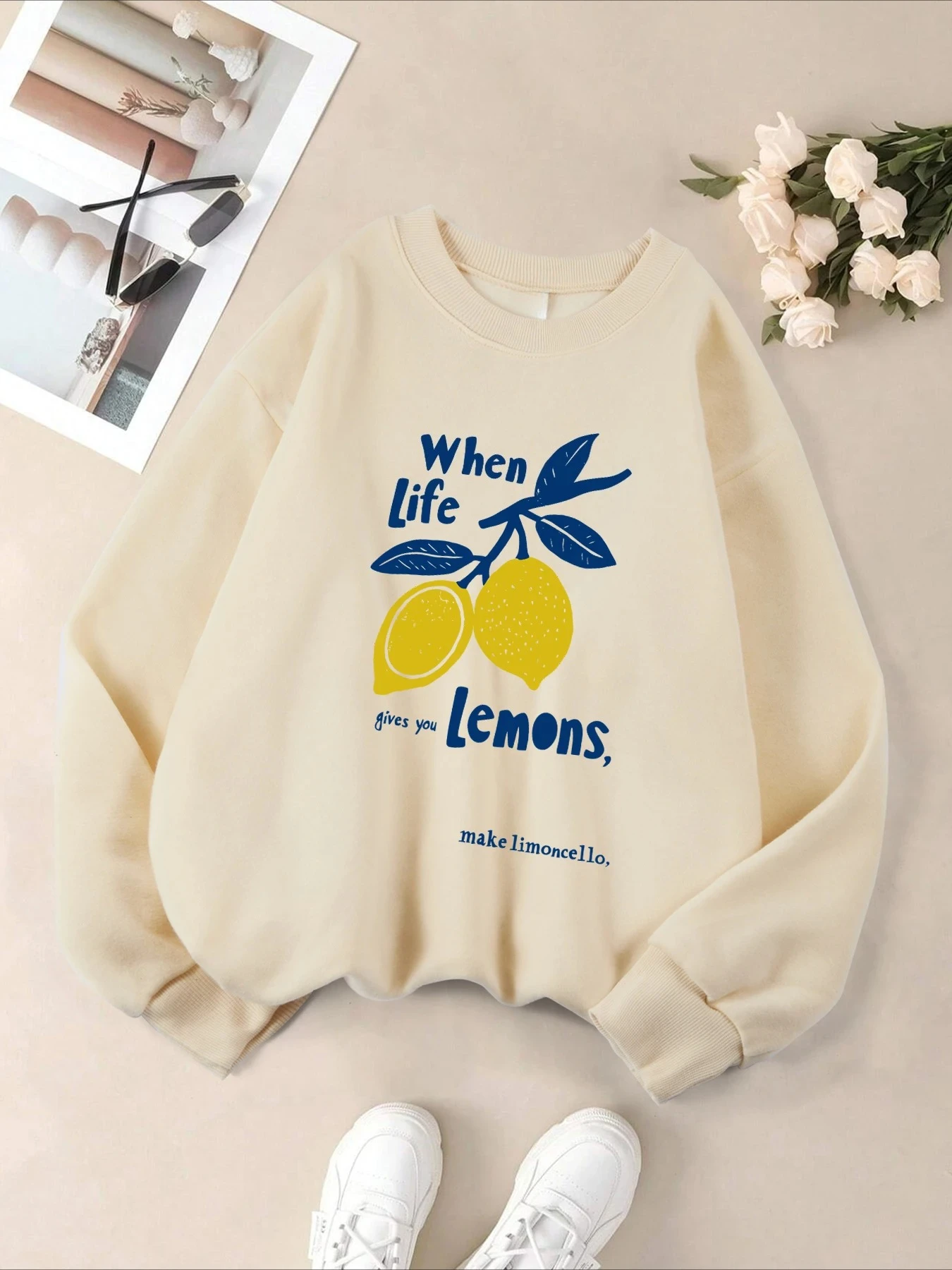 Cuando la vida te donne limones hacen Limoncello imprime mujeres pulóver otoño cuello redondo sudadera Hip Hop ropa polar Casual Tops