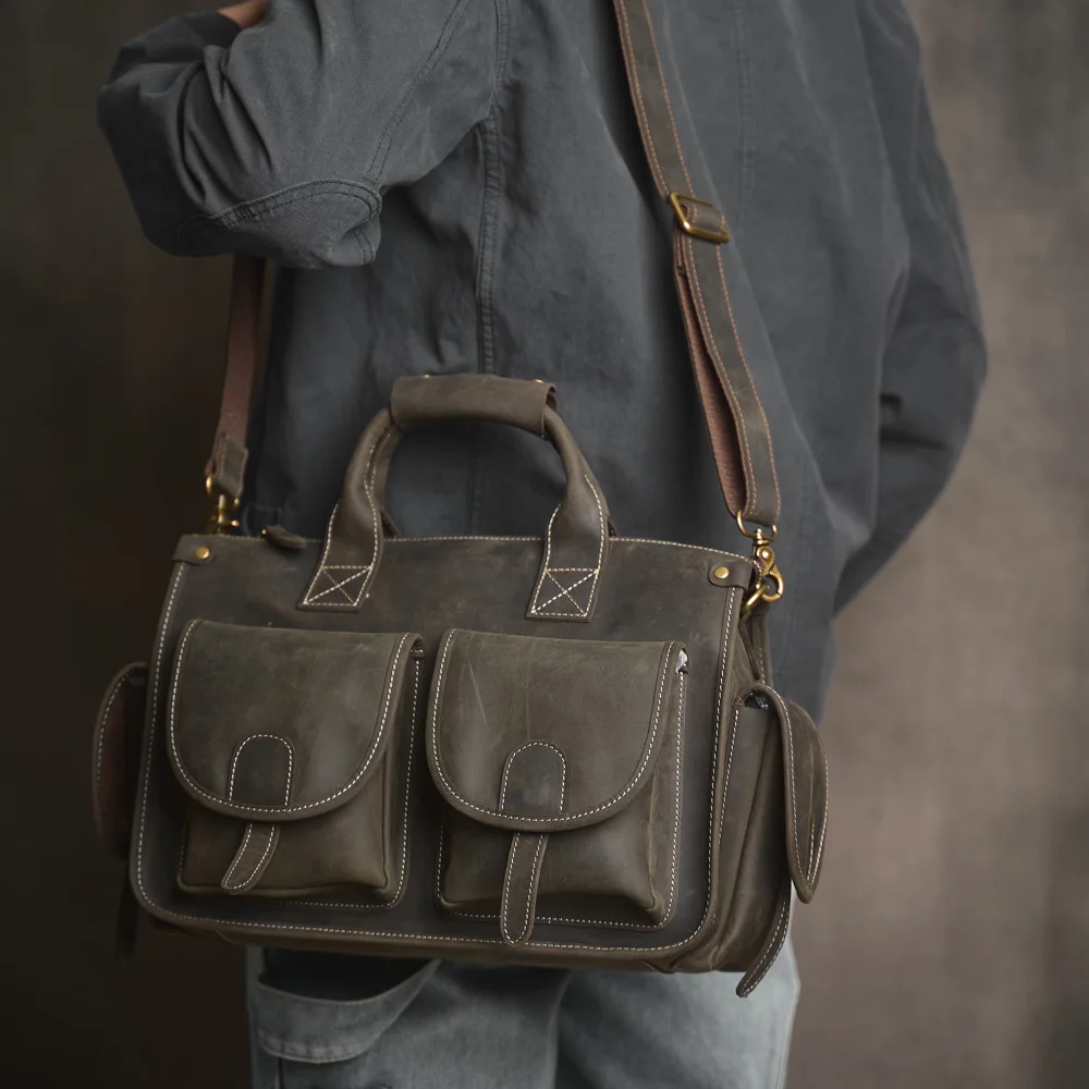 Nupugoo Vintage Echt leder Herren Aktentasche Umhängetasche verrückte Pferd Leder Handtasche mit 16-Zoll-Laptop – Detail 19