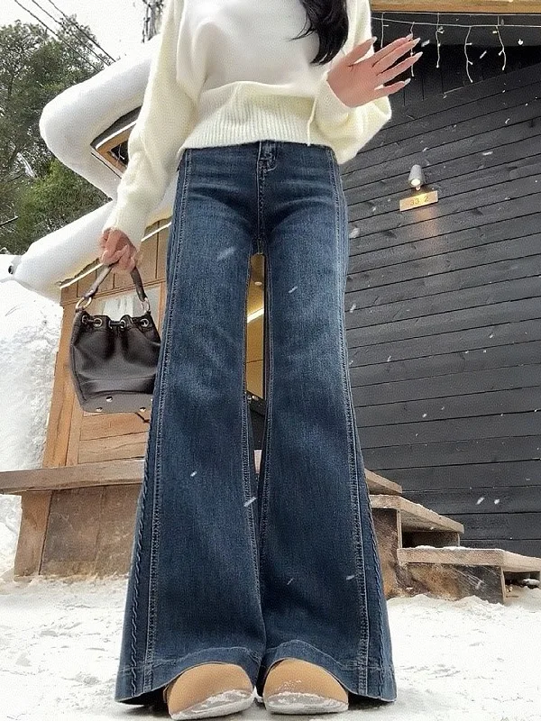 

Джинсы женские больших размеров с высокой талией, прямые, расклешенные, из денима, осенне-зимние, модные, утягивающие, не однотонные, не как леггинсы