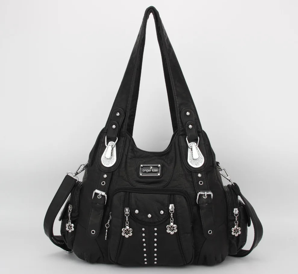 Women Handbags Black Vintage Shoulder Bags Fashion PU Handbag Angel Kiss Female Satchel Big-capacity Shoulder Purse Bag Feminina