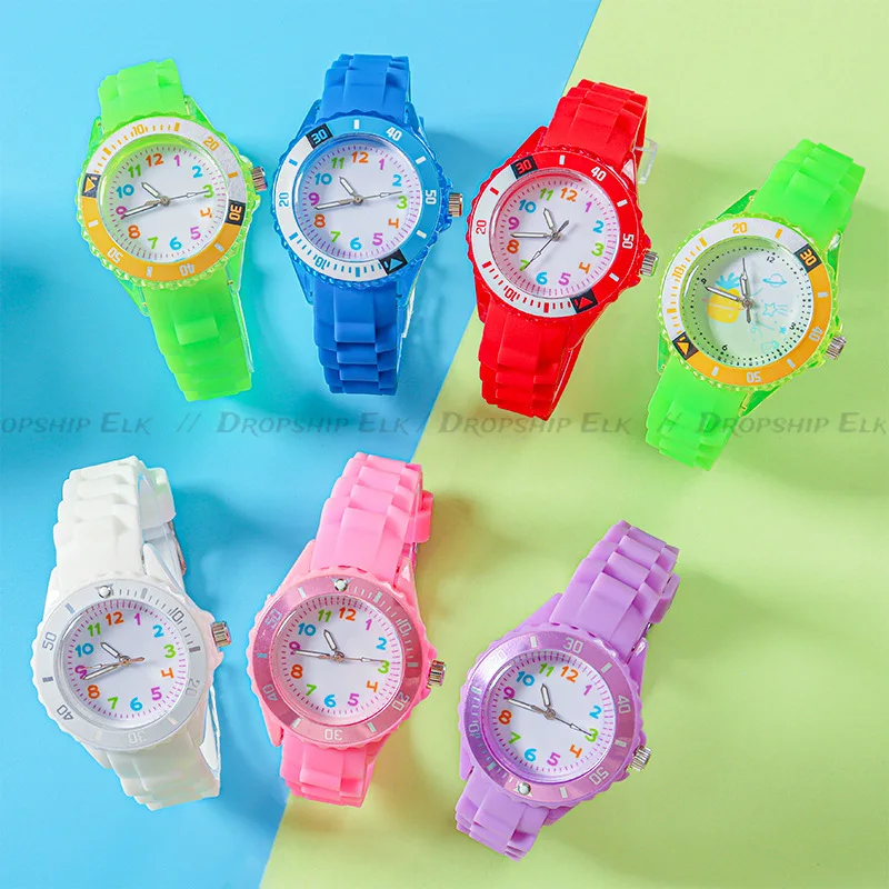 Reloj analógico para niños y niñas, pulsera de cuarzo resistente con números coloridos, banda de silicona suave