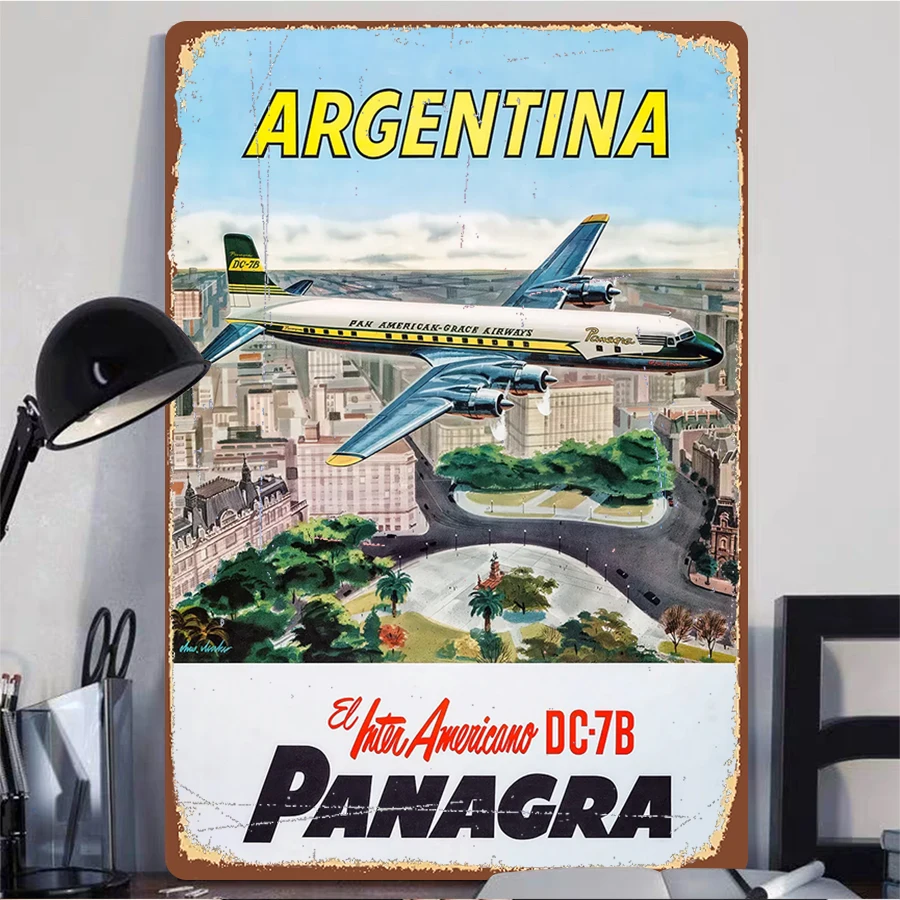 Vintage Argentina Aviation Poster Tin Sign Pan American Grace Airways DC7B Airplane Decorative Wall Art for Living Room Study