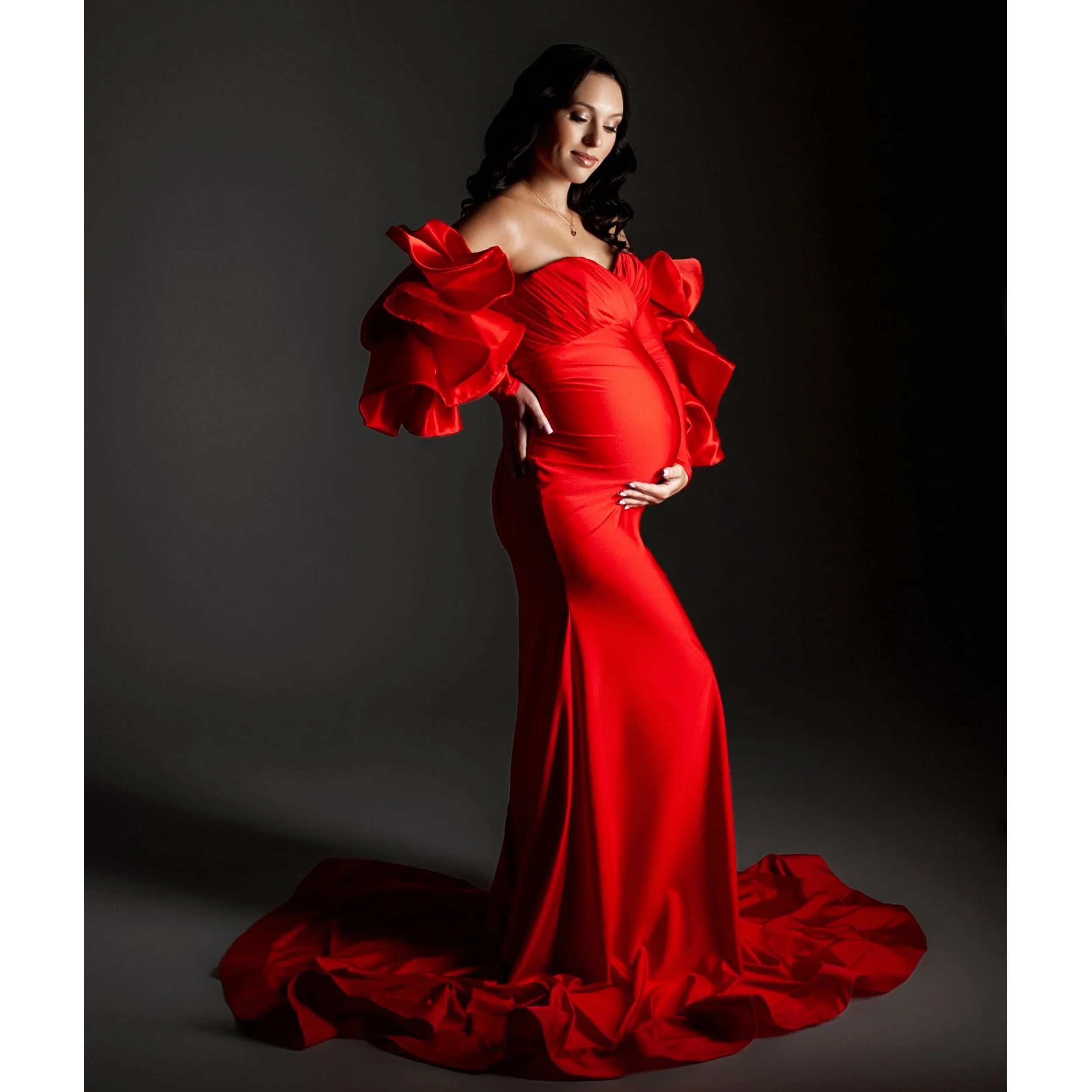 

Red Mermaid Maternity Dresses Stretchy Sweetheart Pregnant Photoshoot Dresses Customized Pleats Pregnancy Baby Shower Dress